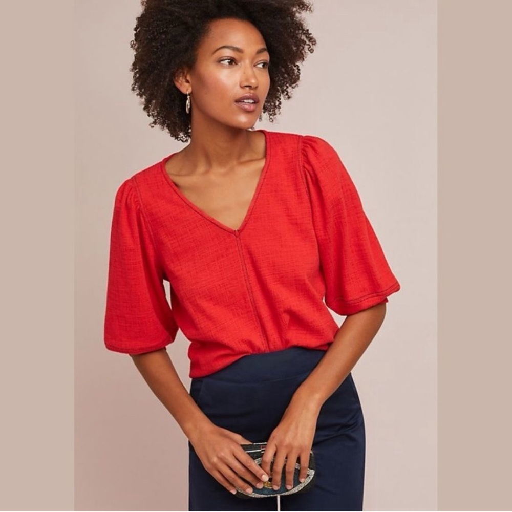 Anthropologie Current Air Delilah Puff Sleeve V-Neck, Red, Size Small